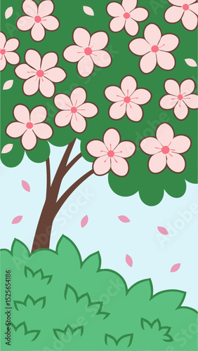 Illustrative cartoon cherry blossom tree with pink flowers and falling petals.