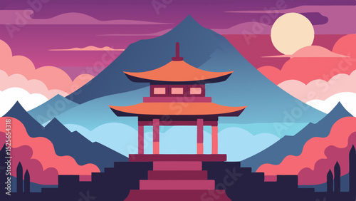 Japanese pagoda landscape illustration against mountain range in vector format