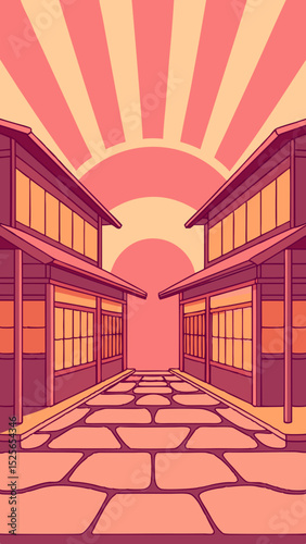 Japanese street perspective with traditional buildings and rising sun illustration