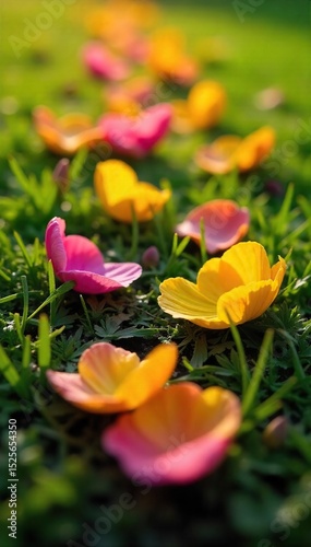 Close-up of vibrant, fallen flower petals scattered on lush green grass, sunlight illuminating delicate textures Perfect for spring, nature, and floral themes , sunlight, grass