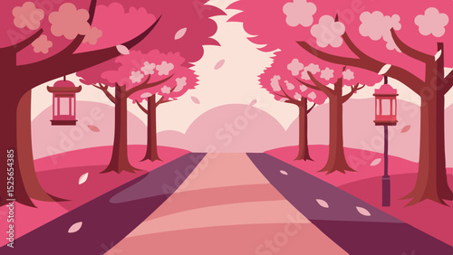 Japanese street with cherry blossoms and lanterns on a white background