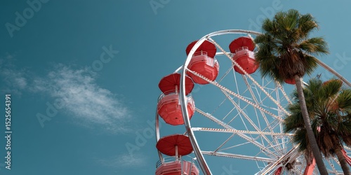 The ferris wheel is at a fair or amusement park. It's in an outdoor setting,