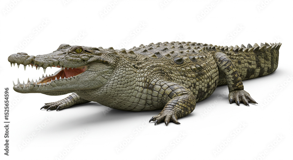 Naklejka premium Realistic depiction of a crocodile lying down with its mouth open, isolated on white