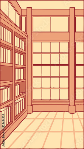 Minimalist library interior illustration depicting bookshelves and geometric windows design