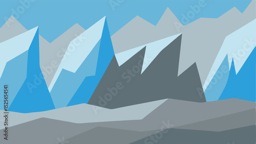 Abstract geometric mountain range design with blue and grey tones on a white background