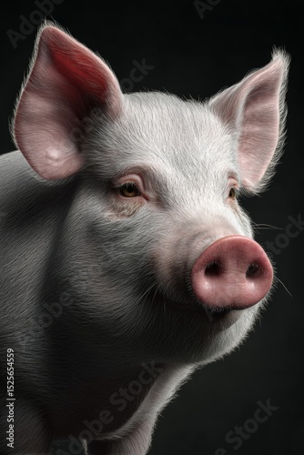 Animal with pink nose and ears looking upward.