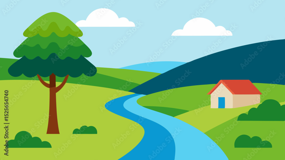 Fototapeta premium Scenic illustration of a cartoon landscape with house river trees and clouds