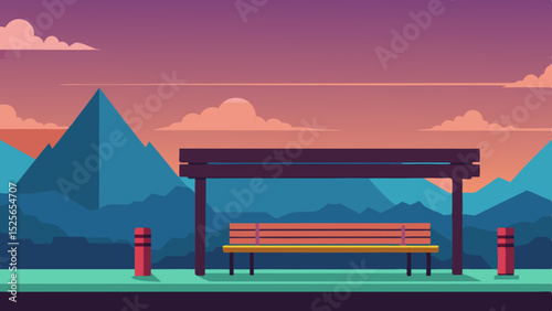 Scenic bus stop with mountains at sunset in minimalist flat design style