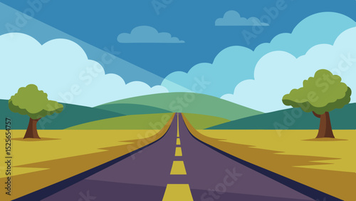 Scenic road leading to the horizon in a flat landscape with trees and clouds