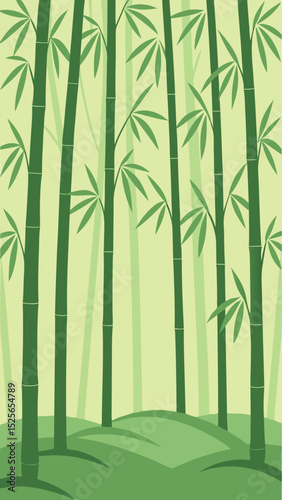 Serene forest of bamboo plants vector illustration in calm green tones with transparency