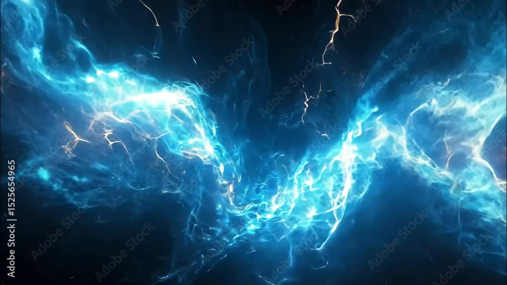 Abstract visualization of electricity energy with glowing blue lightning bolts in darkness. 