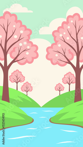 Springtime landscape scene depicting blossoming cherry trees and a tranquil river