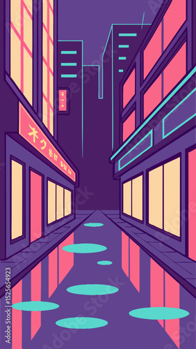 Stylized city street scene with neon lights and reflective puddle on a rainy night