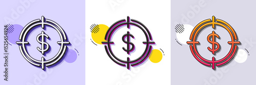 Target with Dollar line icon. Halftone dotted pattern. Gradient icon with grain shadow. Aim symbol. Cash or Money sign. Line dollar Target icon. Various designs. Vector