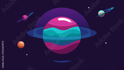 Stylized illustration of colorful planets and celestial bodies in outer space