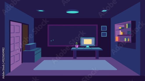 Stylized interior room illustration with computer, bookshelf, and geometric flat design