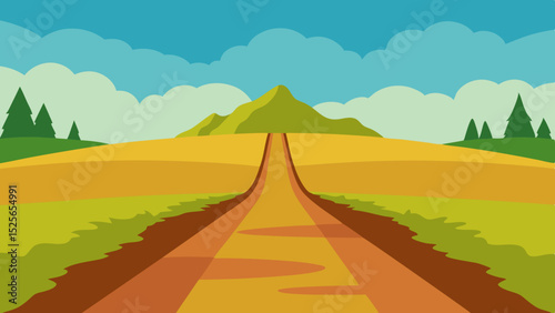 Stylized landscape depicting a road leading to a distant mountain with clouds and trees