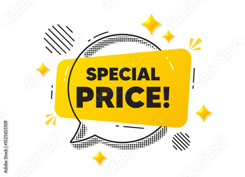 Special price chat speech bubble. Social media concept. Special price tag. Sale sign. Advertising Discounts symbol. Yellow chat message. Offer speech bubble. Glare 3d stars. Vector