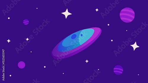Vibrant purple blue space illustration with floating stars and abstract geometric shapes