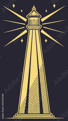 Vintage lighthouse illustration with beams and stars suitable for retro and nautical designs