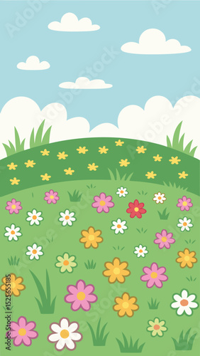 Whimsical springtime scene featuring flowers grass and blue sky with clouds illustration