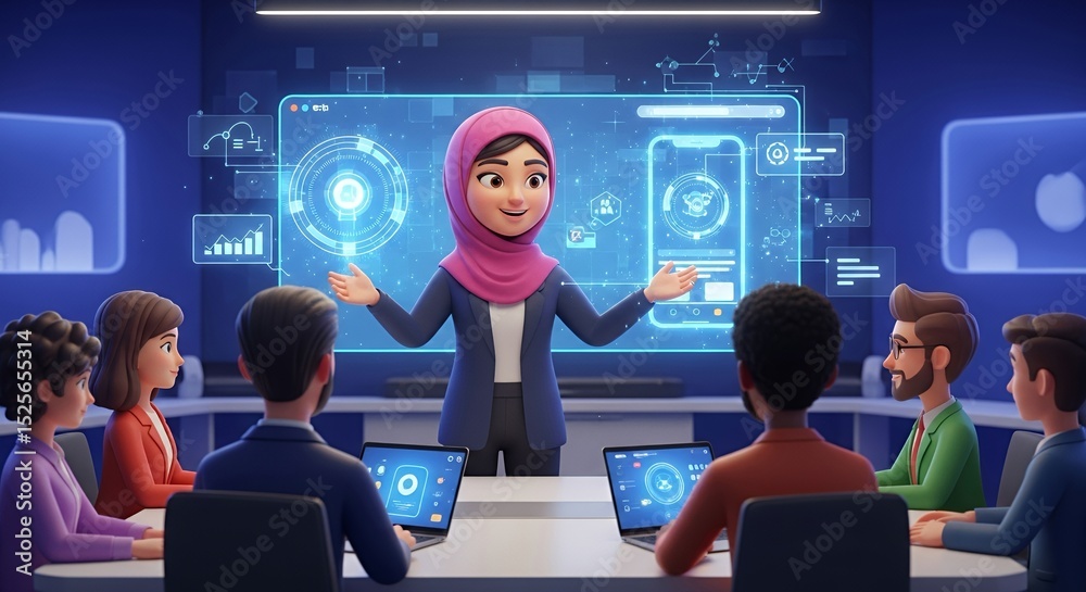 Confident Businesswoman Leading Diverse Team in Tech Presentation Confident Businesswoman Leading Diverse Team in Tech Presentation