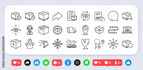 Logistics, Shipping document line icons. Social media: share, comment, like icons. Set of Truck Delivery box, Checklist icons. Parcel tracking shipping, World trade logistics. Vector