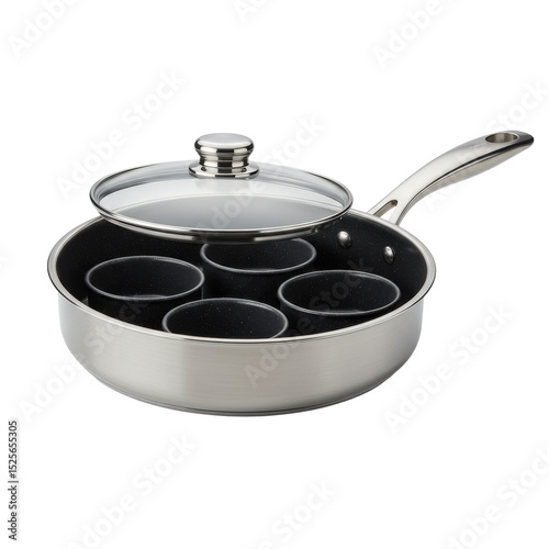 Polished stainless steel egg poacher pan with clear glass lid, dark non-stick inserts, ergonomic handle, isolated on seamless transparent background, studio lit with no shadows, commercial product