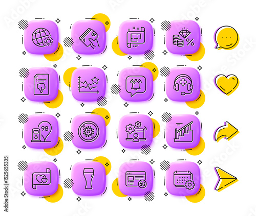 Notification bubble, Money tax and Love letter line icons. App 3d buttons. Social media comment, share, like icons. Pack of Thumb down, Beer glass, Medical support icon. Vector