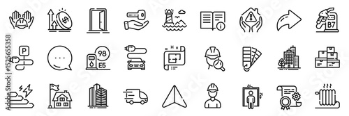 Architectural plan, Inspect and Construction document line icons pack. Share, Message, Paper plane icons. Building, Buying house, Diesel station web icon. Vector