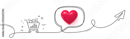 Seo shopping cart line icon. Continuous line with share plane. Search engine optimization sign. Analytics symbol. 3d heart in speech bubble. Seo shopping single line ribbon. Loop curve pattern. Vector