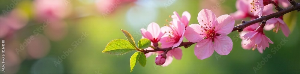Fototapeta premium Close-up of a blossoming branch, delicate pink flowers and vibrant green leaves symbolizing renewal and healing, perfect for holistic health and wellness concepts , branch, flourishing, flora