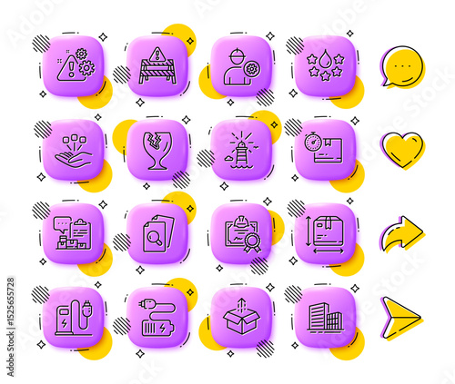 Consolidation, Inspect and Send box line icons. App 3d buttons. Social media comment, share, like icons. Pack of Box size, Warning road, Engineer icon. Vector