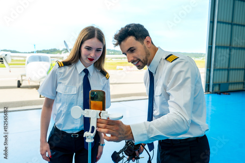 Pilots using smartphone and anemometer in hangar