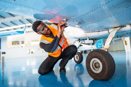 Aircraft maintenance engineer inspecting airplane wing in hangar