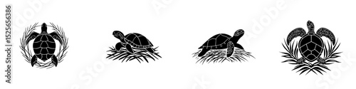 Icon set featuring various turtle designs showcasing different styles and movements in black and white illustration