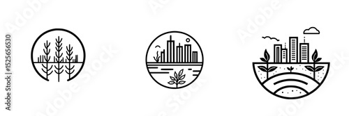 Icon set showcasing nature and urban design with three distinct circular illustrations
