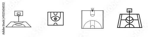 Basketball court icons illustrating various court layouts and perspectives for design and educational purposes