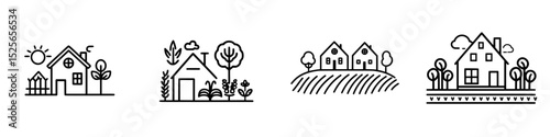 Collection of minimalist house icons featuring various designs and landscapes