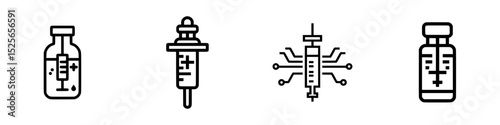 Collection of medical icons depicting vaccine vial, syringe, and intravenous equipment for health and wellness applications