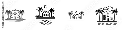Icon set featuring simple beach house designs with tropical elements and varying weather conditions in black and white style