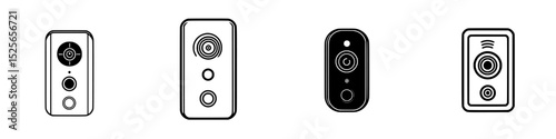 Icon set featuring various designs of modern security cameras with distinct shapes and features for technology applications