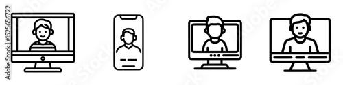 Collection of icons representing virtual communication and online interactions through screens