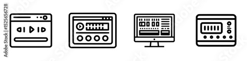 Icon set featuring various media player designs and user interfaces for digital entertainment applications