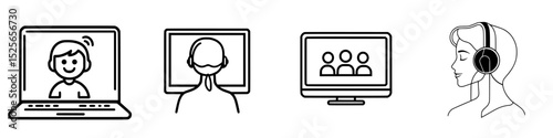 Collection of line art icons illustrating online communication, video calls, and virtual meetings in a modern digital environment