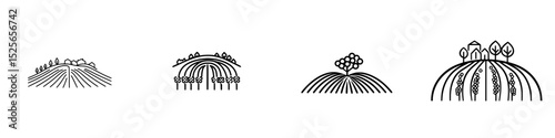 Icon set illustrating various landscapes with hills, crops, and buildings showcasing agrarian life and nature