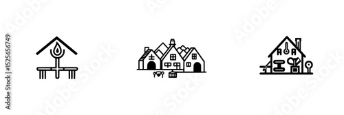 Icon set featuring simple line drawings of outdoor seating, a village landscape, and a cozy home environment design