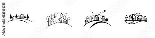 Icon set featuring minimalist house designs on rolling hills with trees and birds in a simple black and white style