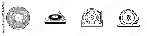 Icon set featuring various designs of vintage turntables and vinyl records in a minimalist style