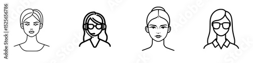Collection of four minimalistic female icons showcasing diverse hairstyles and eyeglasses styles